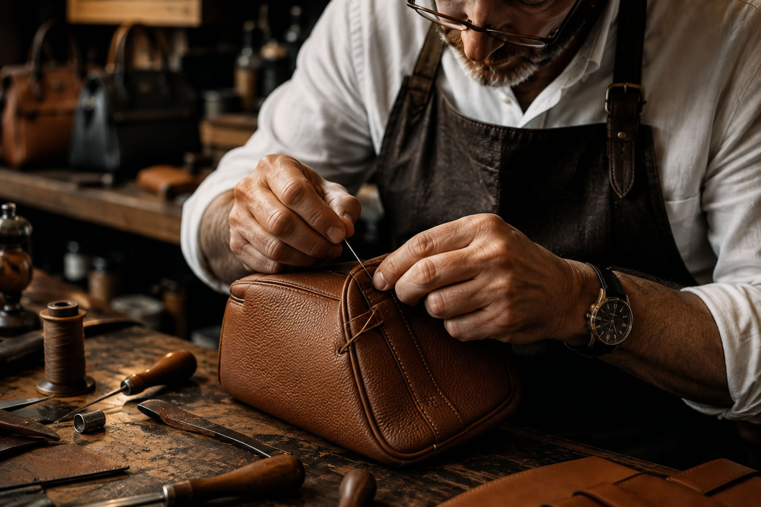 Savoir-faire du luxe : l’artisanat derrière les produits haut de gamme Artisan réalisant à la main les coutures d’une pièce de maroquinerie en cuir haut de gamme