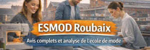 Visuel ESMOD Roubaix montrant des étudiants en stylisme, couture et modélisme dans un environnement textile avec focus sur la formation et les débouchés