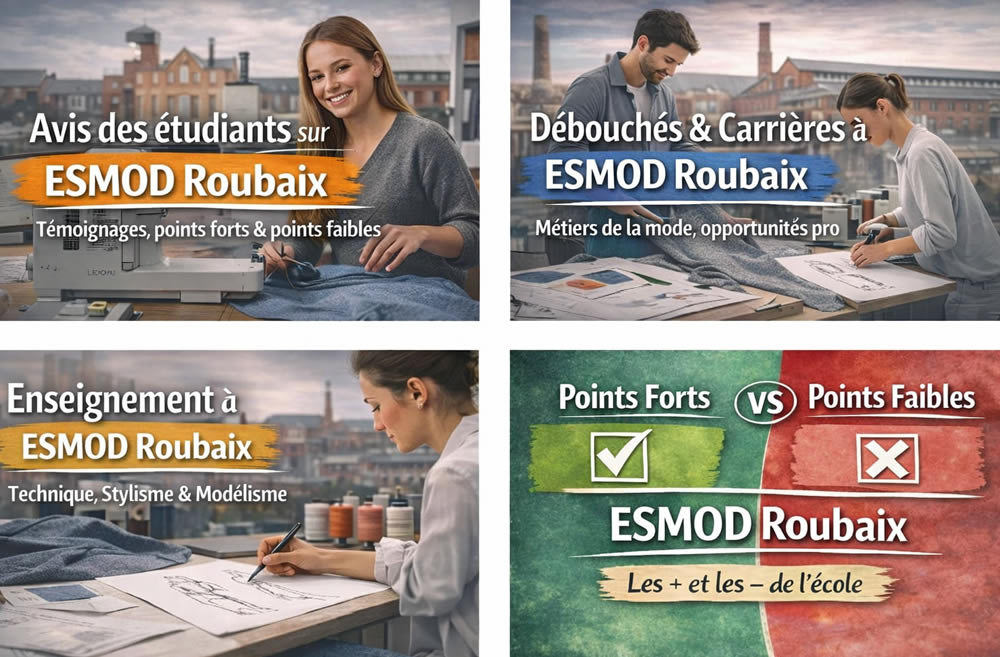 Montage visuel ESMOD Roubaix avec avis étudiants, formation en stylisme et modélisme, débouchés dans la mode et comparaison points forts et faibles