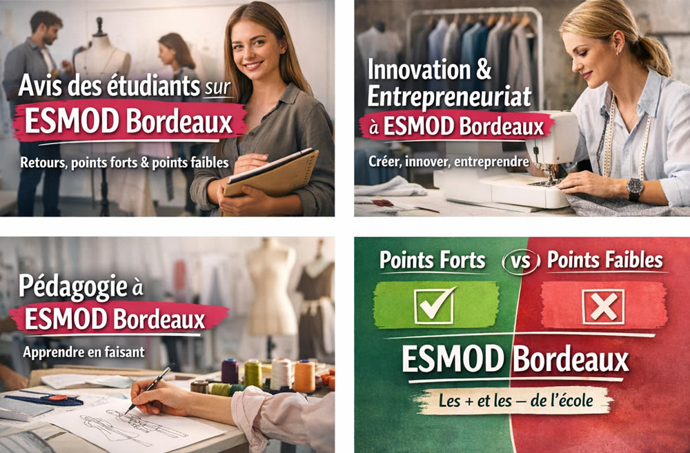 Visuel sur ESMOD Bordeaux présentant les avis étudiants, la pédagogie, l’innovation et les points forts et faibles de l’école