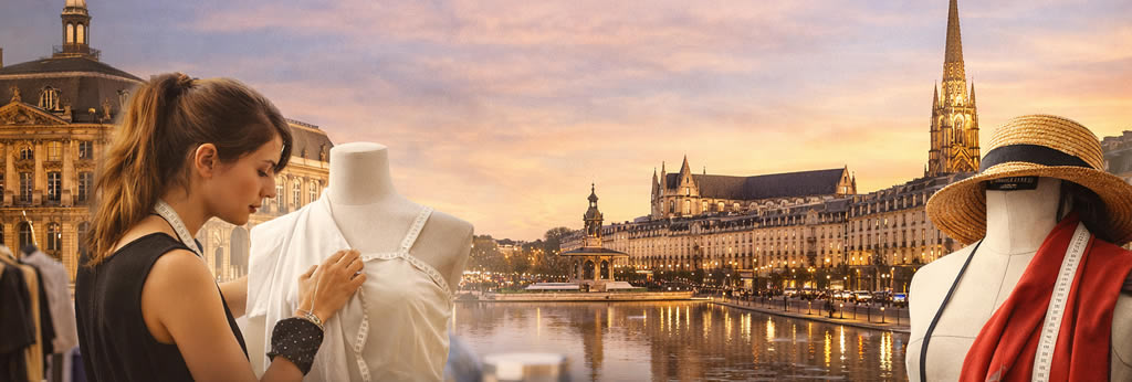 Étudiante en école de mode travaillant sur un mannequin avec vue de Bordeaux en arrière-plan pour illustrer ESMOD Bordeaux