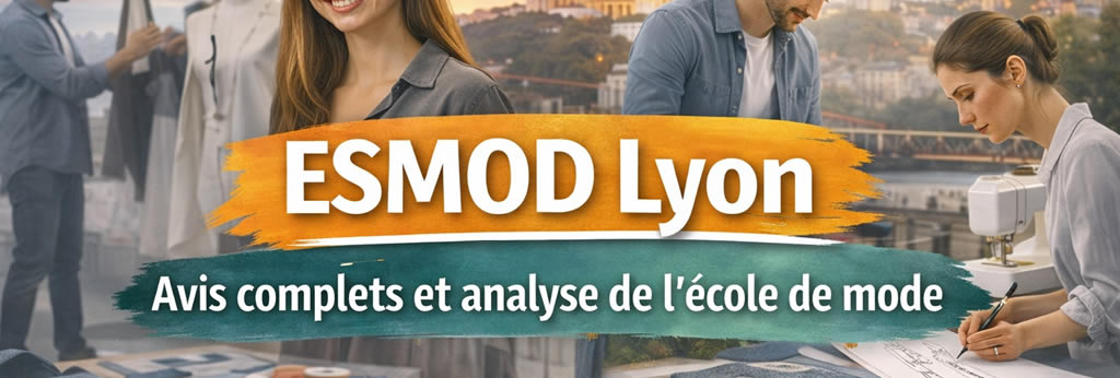 Étudiants en école de mode à Lyon travaillant sur des croquis, tissus et couture dans un atelier ESMOD Lyon avec vue sur la ville