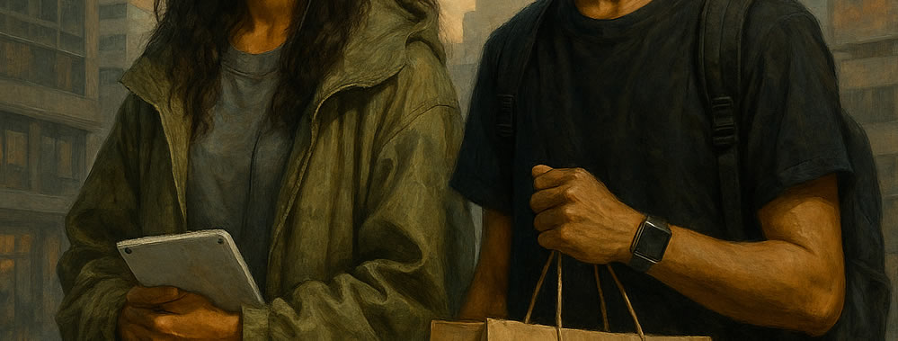 Jeunes créateurs et mannequins portant des vêtements contemporains inspirés par la fast fashion et la technologie, symbolisant la mode du XXIe siècle.