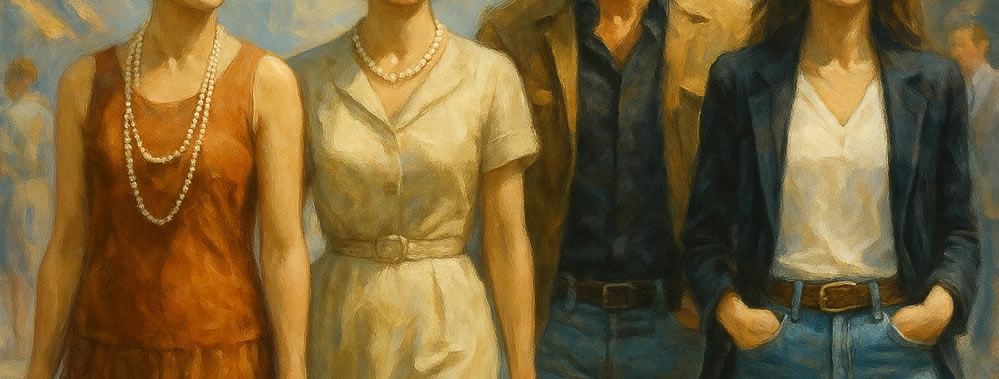 Peinture représentant quatre silhouettes de mode du XXᵉ siècle — années 1920, 1950, 1970 et 1990 — illustrant l’évolution du style féminin de Chanel à Yves Saint Laurent.