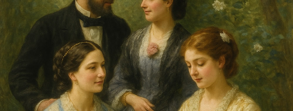 Peinture réaliste représentant des femmes élégantes en robes à crinoline et des hommes en redingote dans un salon du XIXᵉ siècle, évoquant la mode romantique et la naissance de la haute couture.