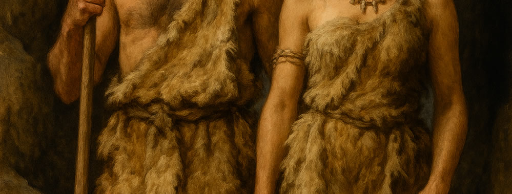 Homme et femme préhistoriques vêtus de peaux et de parures naturelles dans une grotte, lumière chaude et ambiance réaliste