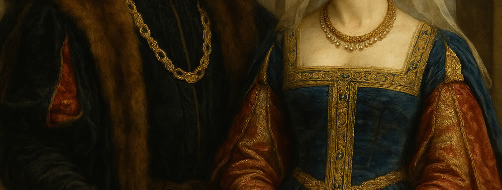 Peinture réaliste représentant un homme et une femme de la Renaissance vêtus de velours et de brocarts, symbolisant la richesse des étoffes et l’élégance italienne et française du XVIᵉ siècle.