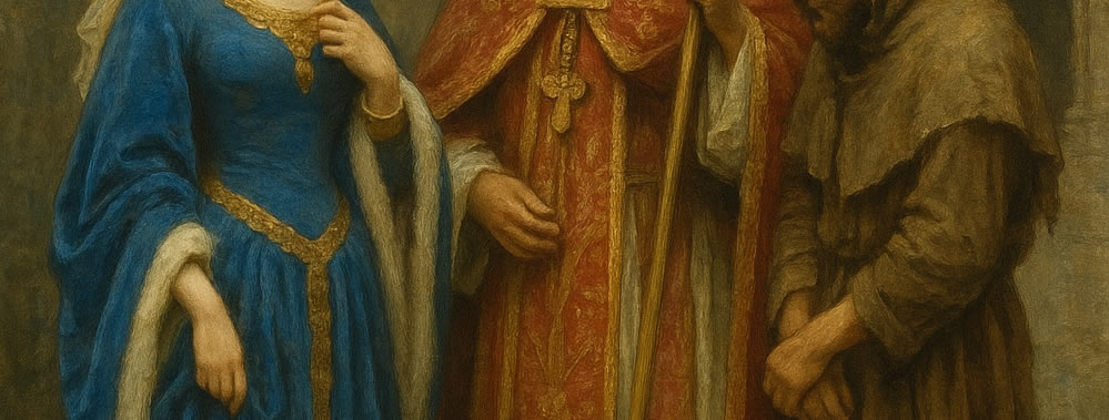 Peinture représentant trois figures médiévales vêtues de robes, tuniques et manteaux ornés, illustrant la mode féodale et religieuse du Moyen Âge.