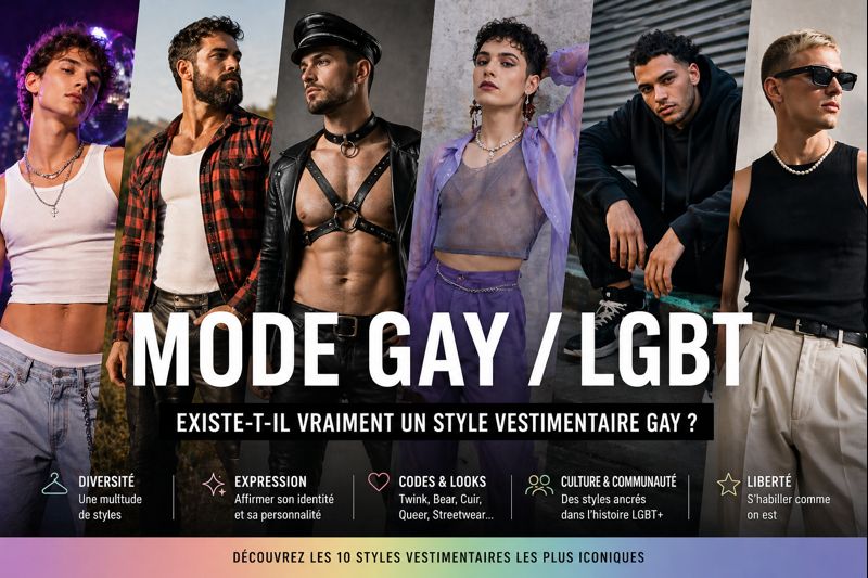 Collage de plusieurs hommes présentant différents styles de mode gay et LGBT : cuir, streetwear, queer, minimaliste et clubwear, illustrant la diversité des looks masculins.