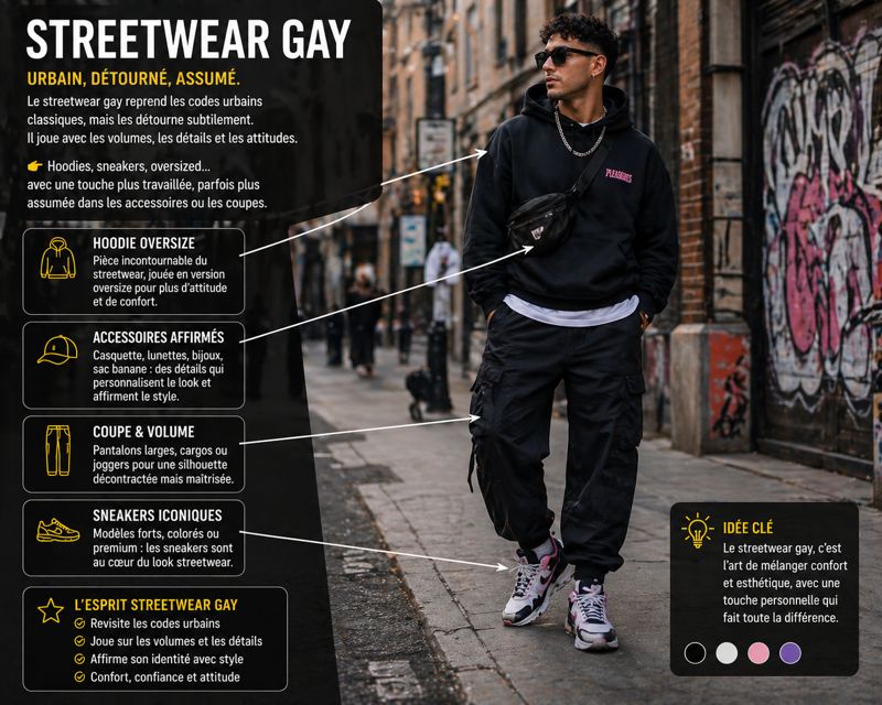 Homme portant un look streetwear gay avec hoodie oversized, sneakers et accessoires, illustrant un style urbain revisité avec des détails affirmés.