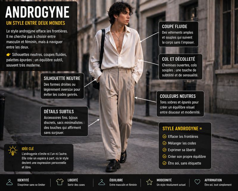 Homme portant un style androgyne avec vêtements fluides, coupe neutre et palette épurée, illustrant un look entre masculin et féminin moderne.