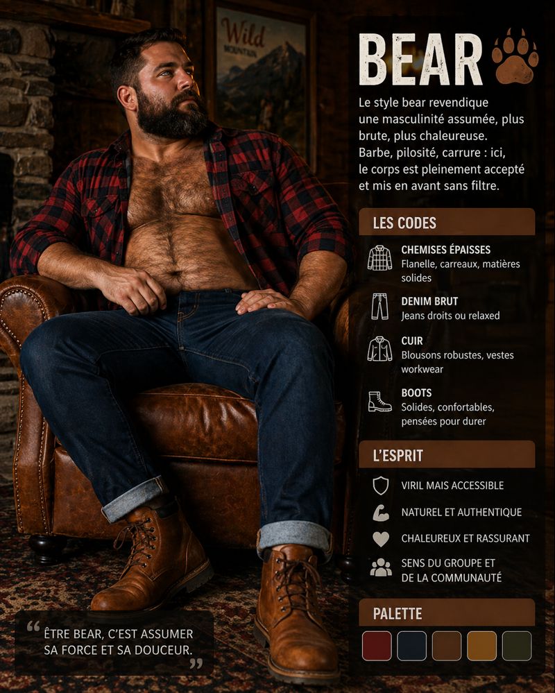 Homme barbu au style bear assis dans un fauteuil en cuir, portant chemise à carreaux, jean et bottes, illustrant un look masculin, robuste et chaleureux.