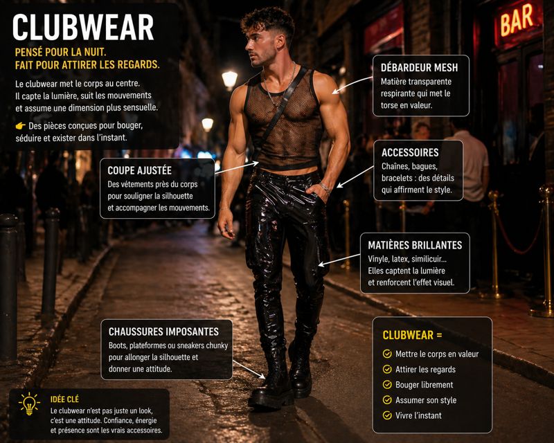 Homme portant un look clubwear dans un contexte de vie quotidienne, avec débardeur, mesh et vêtements ajustés, illustrant un style sensuel et assumé inspiré de la mode LGBT.