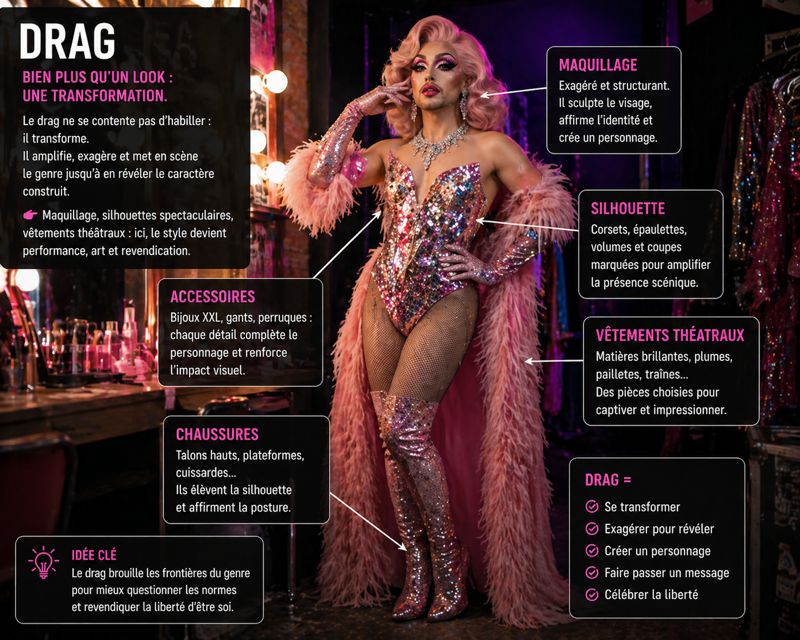 Artiste drag en tenue spectaculaire avec maquillage, perruque et vêtements brillants, illustrant les codes du style drag entre performance, transformation et expression de genre.