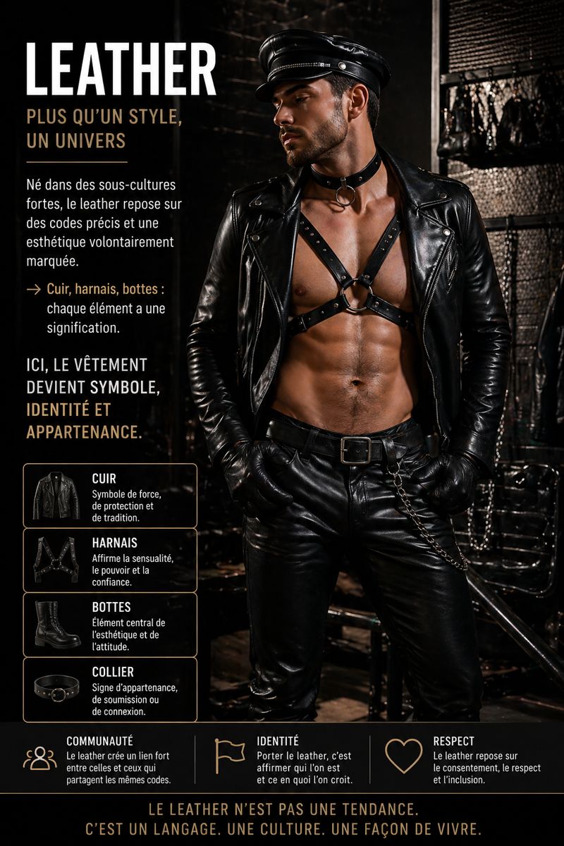Homme portant un look leather avec harnais en cuir, bottes et veste, illustrant le style cuir gay et ses codes vestimentaires.