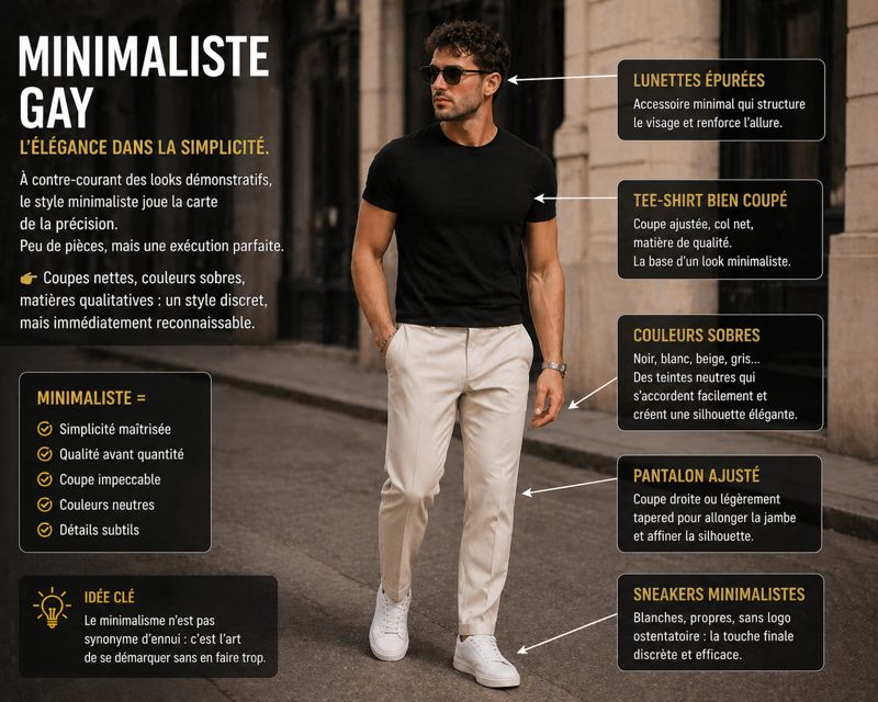Homme portant un style minimaliste gay avec vêtements sobres, coupes ajustées et couleurs neutres, illustrant un look élégant et discret.