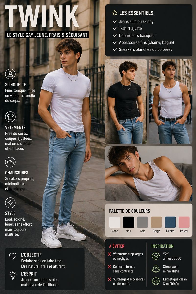 Homme au style twink portant un t-shirt ajusté, un jean slim et des sneakers, illustrant une silhouette fine, un look jeune et une esthétique minimaliste et soignée.