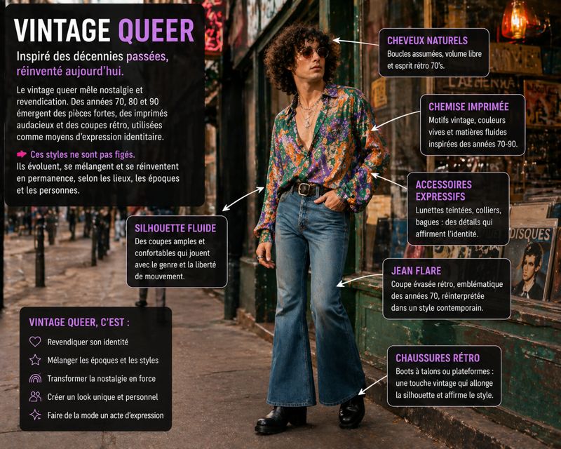 Homme portant un look vintage queer inspiré des années 70, 80 et 90 avec vêtements rétro, imprimés et silhouette expressive, illustrant un style LGBT entre nostalgie et modernité.