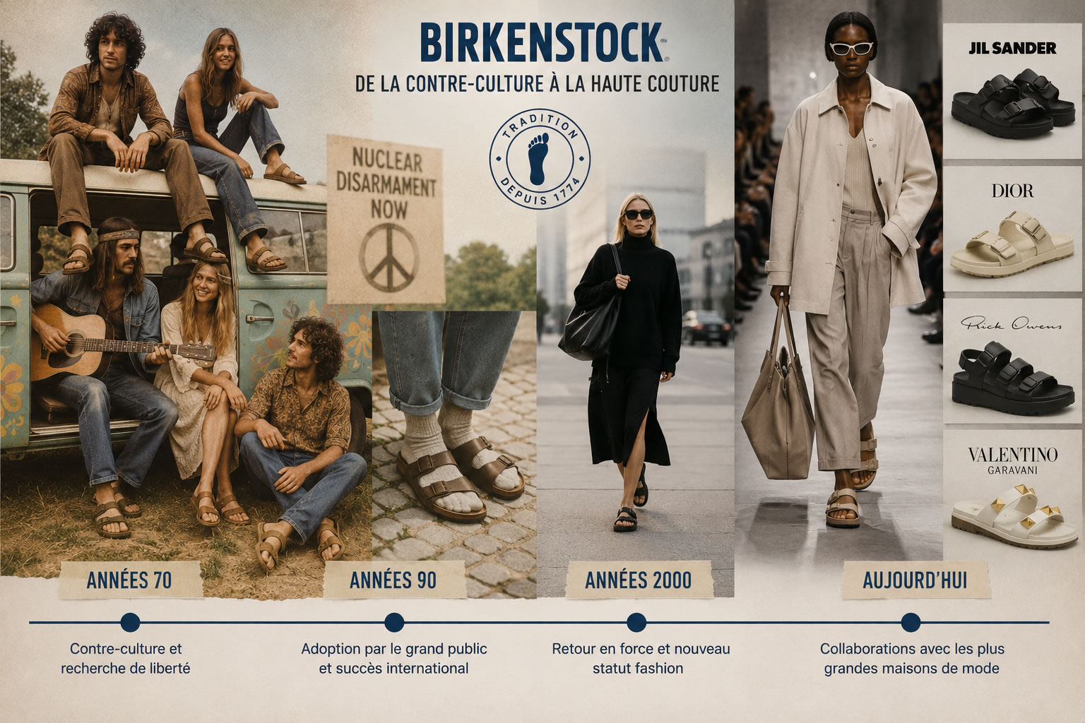 Illustration montrant l'évolution des sandales Birkenstock, des années 1970 aux défilés de mode contemporains.