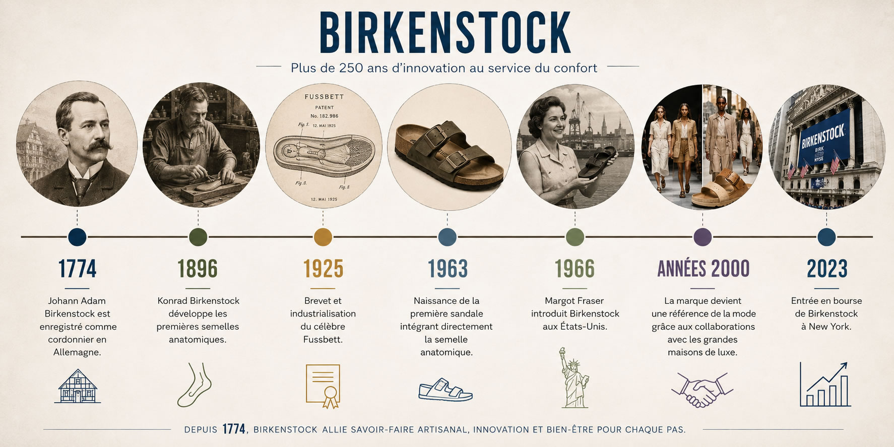 Frise chronologique illustrant les grandes étapes de l'histoire de Birkenstock, de sa création en 1774 jusqu'à son développement en marque internationale de chaussures ergonomiques.
