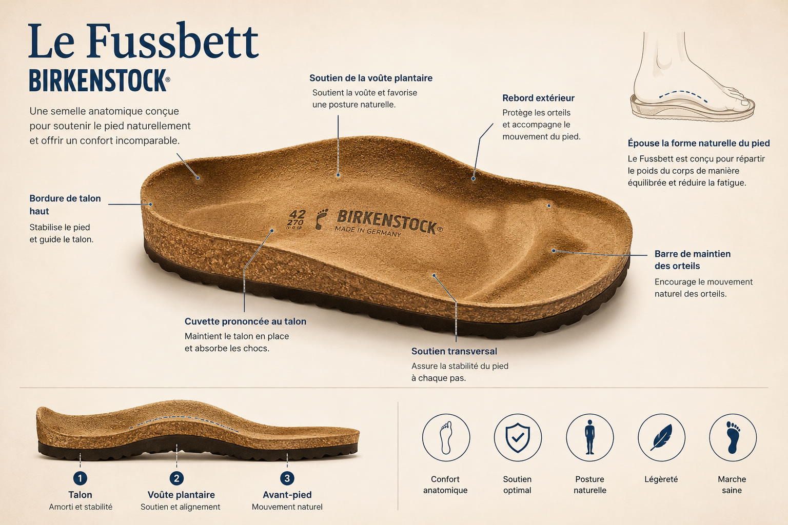Illustration en coupe d'une semelle anatomique inspirée du Fussbett de Birkenstock, mettant en évidence sa forme ergonomique et son soutien naturel du pied.