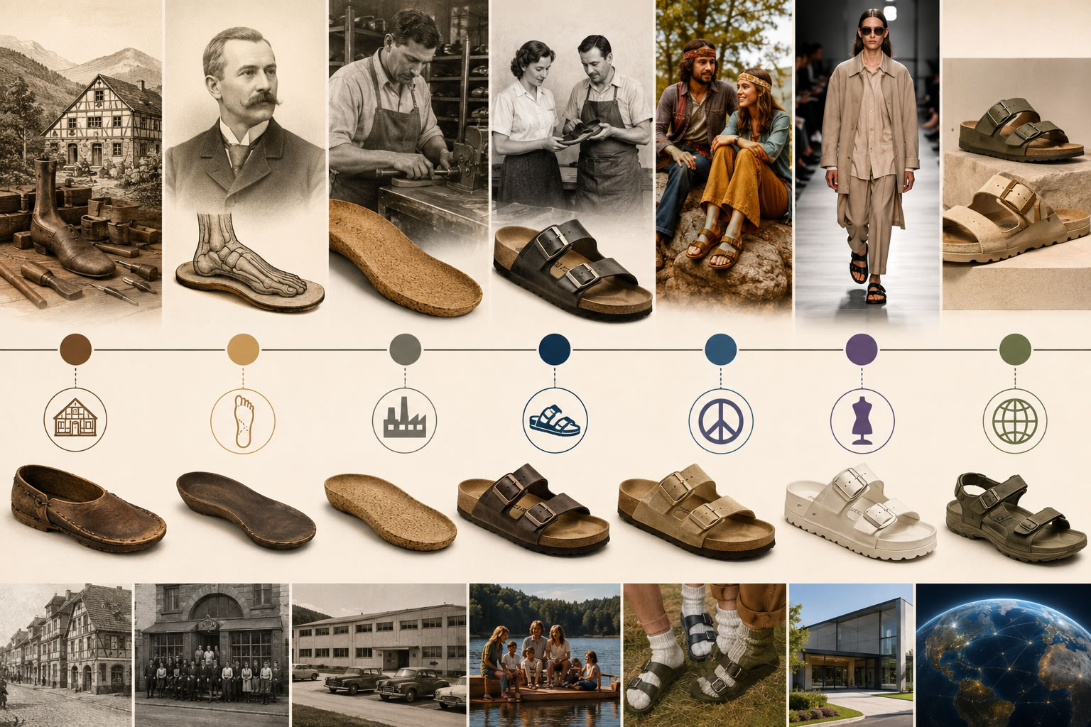 Illustration de l'évolution de Birkenstock depuis ses origines en Allemagne jusqu'à son statut de marque internationale de chaussures ergonomiques.