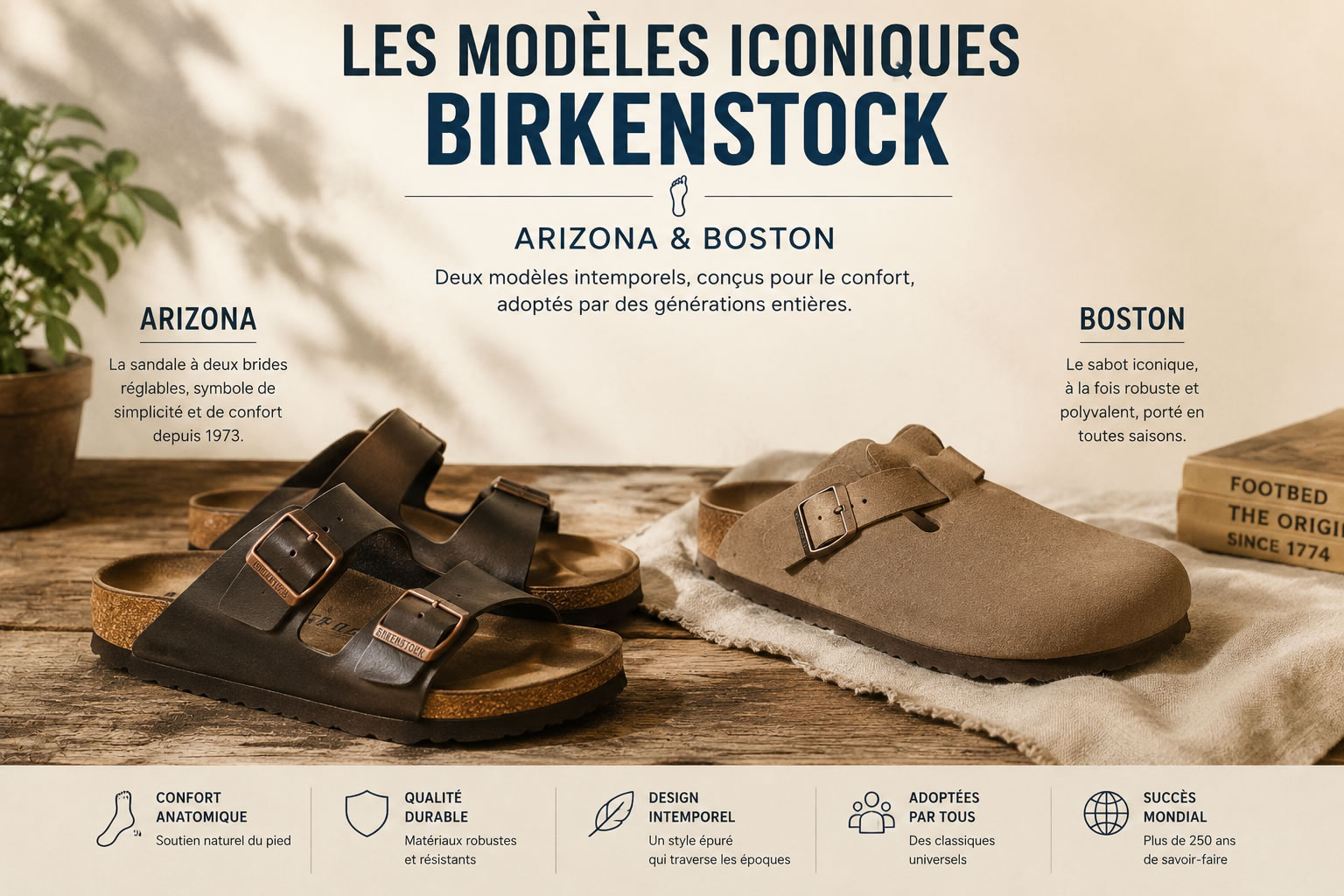 Illustration des modèles Arizona et Boston de Birkenstock, deux chaussures emblématiques reconnues pour leur confort et leur design intemporel.