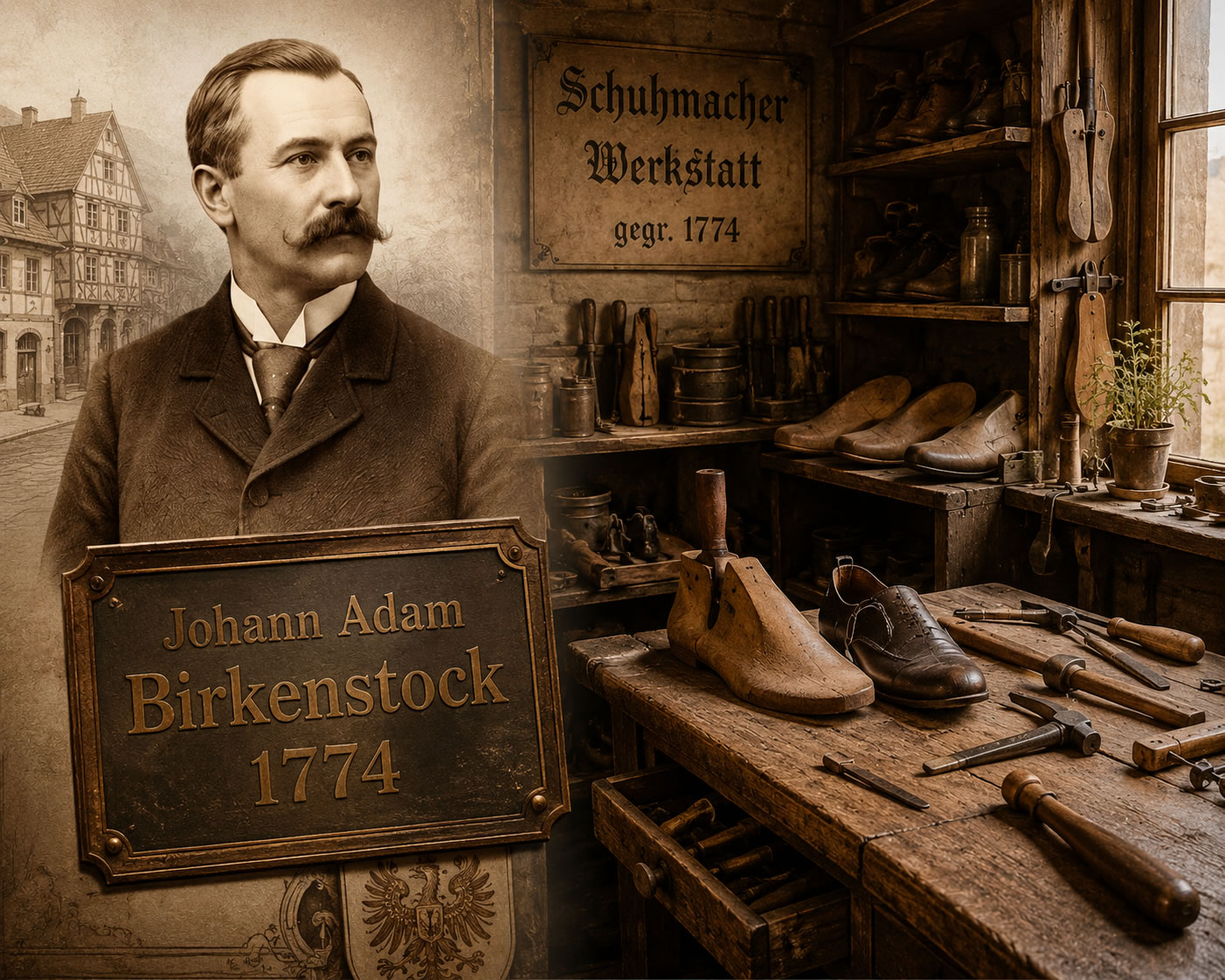 Illustration représentant un atelier de cordonnier traditionnel en Allemagne au XVIIIᵉ siècle, inspiré des origines de Birkenstock et de Johann Adam Birkenstock.