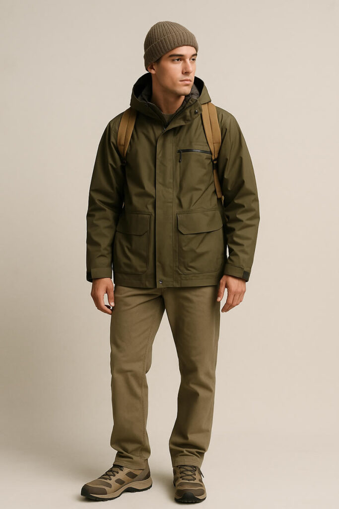 Homme en tenue gorpcore : veste imperméable vert olive, pantalon beige, bonnet en maille et chaussures de randonnée, portant un sac à dos dans une pose calme.