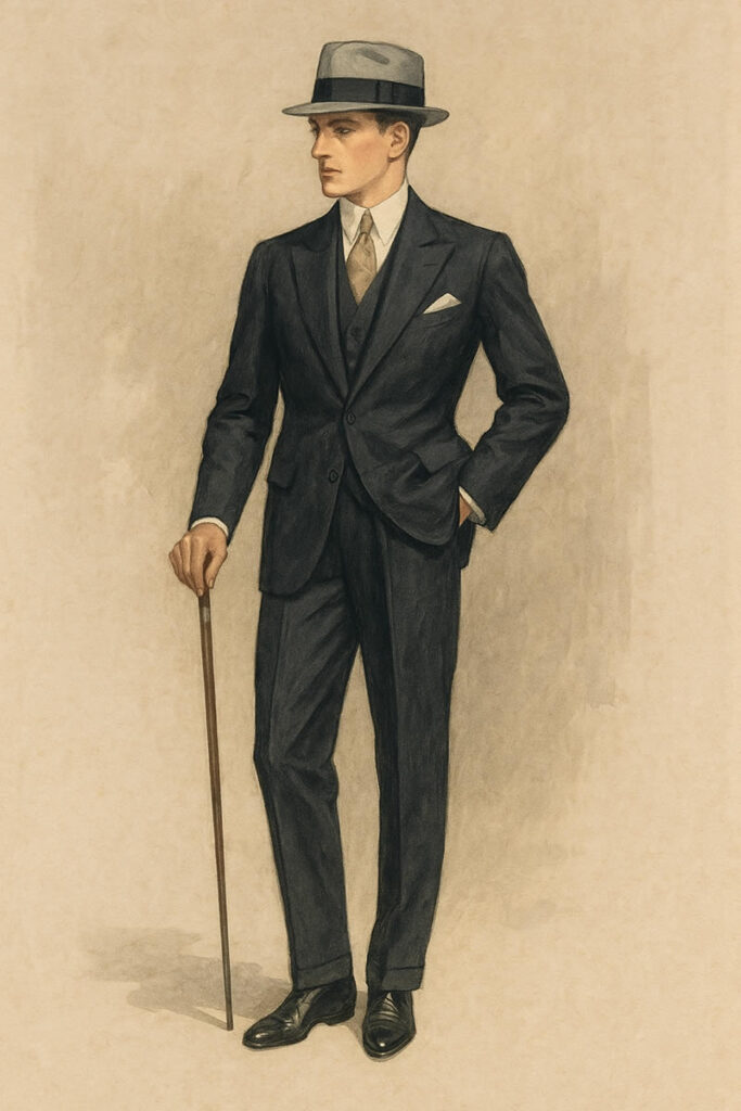 Homme des années 1920 en costume croisé sombre, fedora gris et canne, dans une illustration au style Art déco sur fond beige.