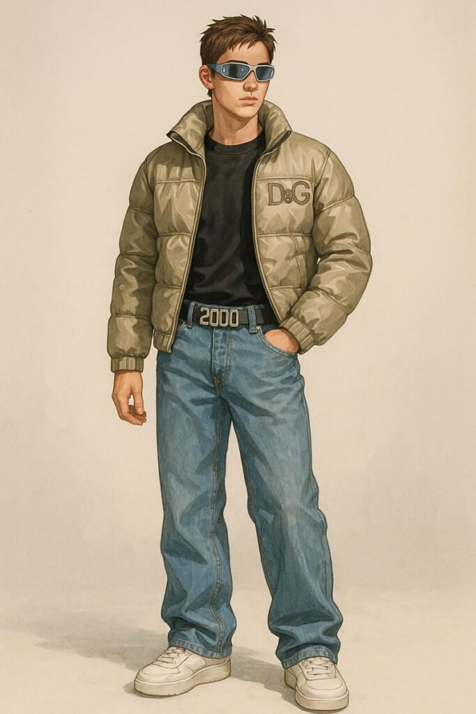 Jeune homme Y2K portant une doudoune beige avec logo, t-shirt noir moulant, jeans larges délavés, sneakers chunky et lunettes futuristes teintées.