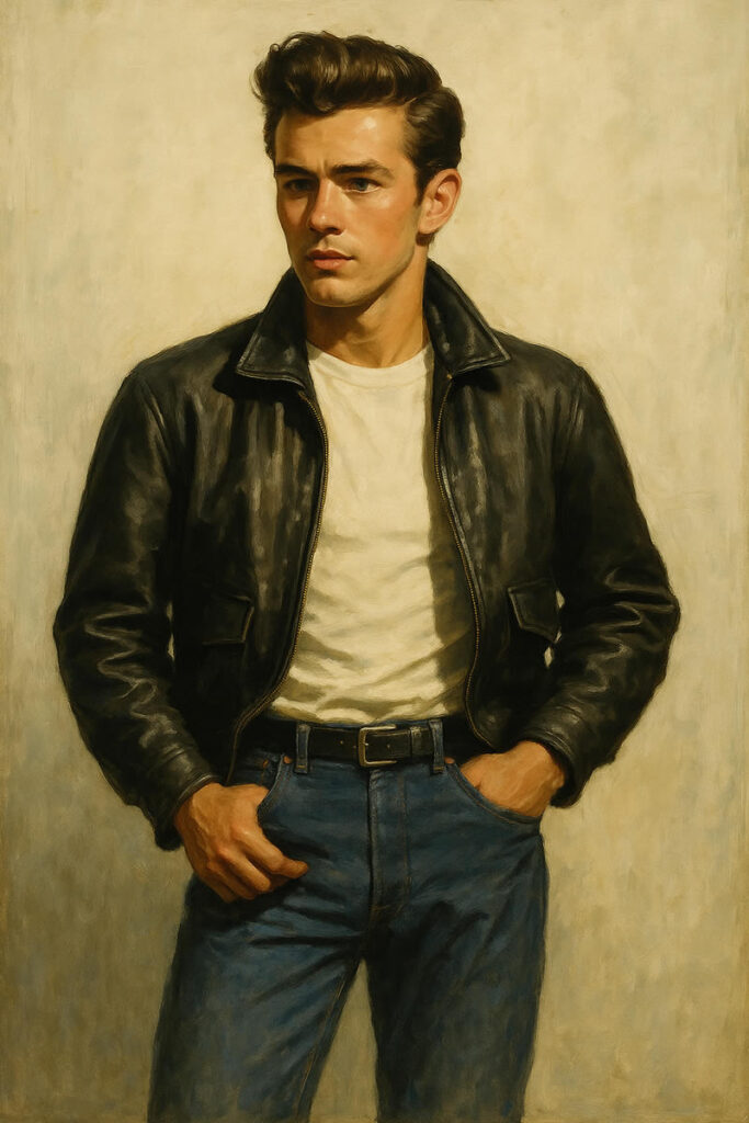 Jeune homme des années 1950 portant un blouson en cuir noir, un t-shirt blanc et un jean brut, coiffé d’une banane rockabilly, dans un portrait réaliste.