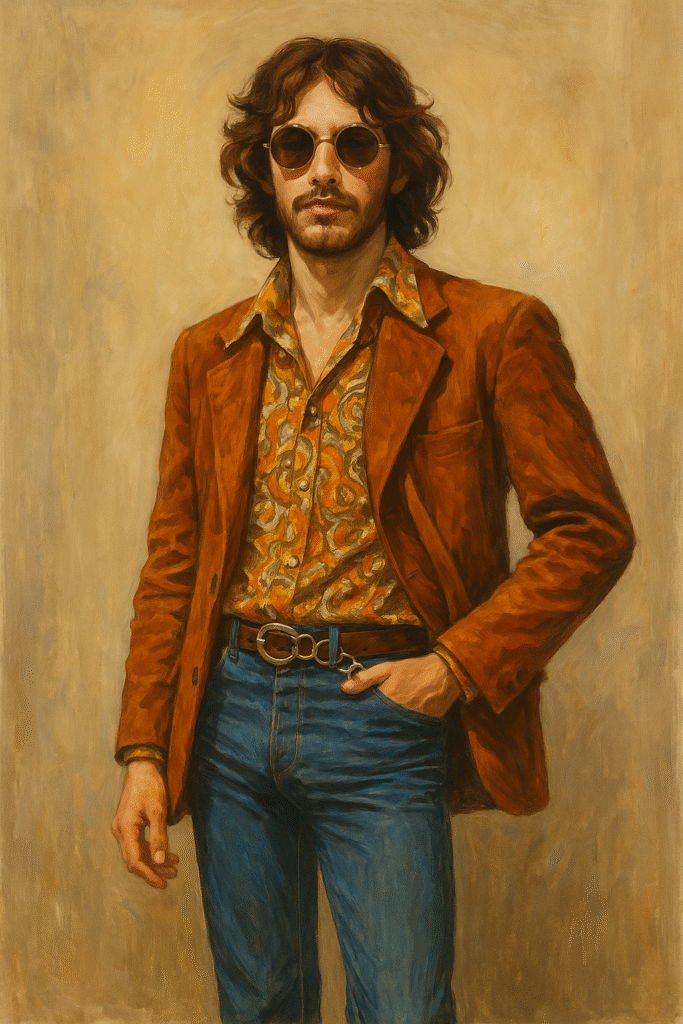 Homme des années 70 portant lunettes rondes, chemise psychédélique, veste en suède orange et jeans évasés, dans un portrait rétro chaleureux.