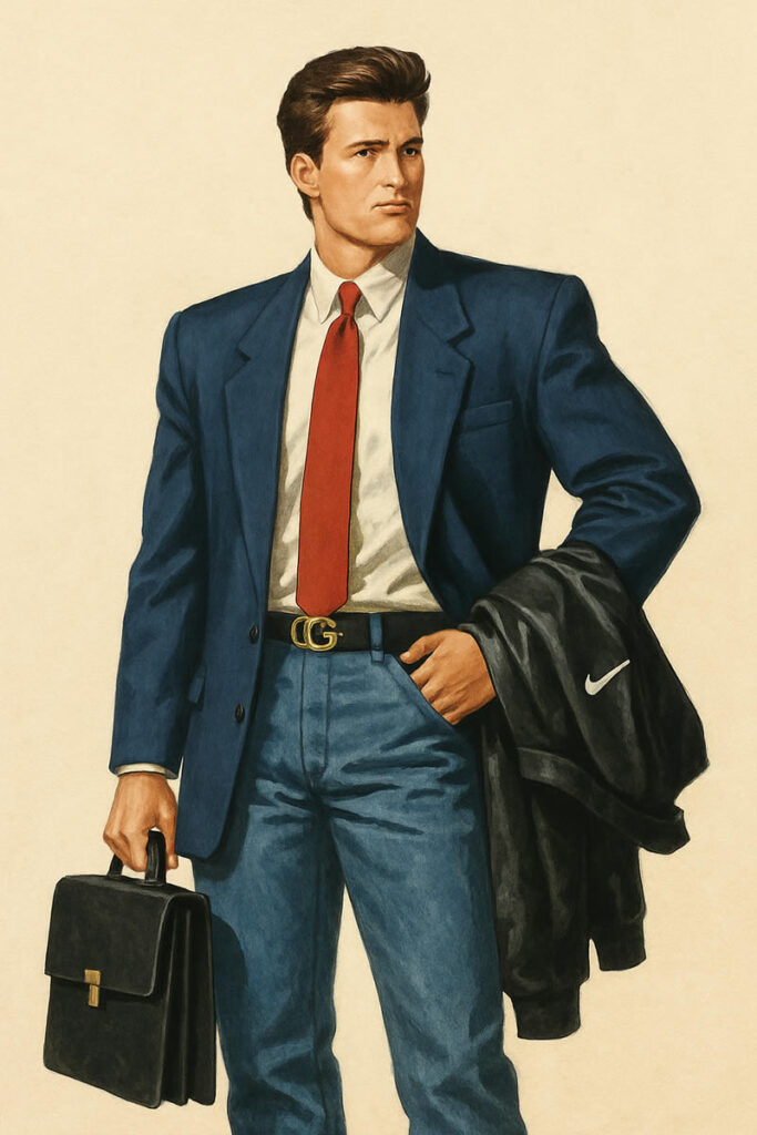 Homme des années 80 en blazer épaulé bleu, cravate rouge, jean taille haute, ceinture à logo et veste de sport noire portée sur le bras, tenant une mallette.
