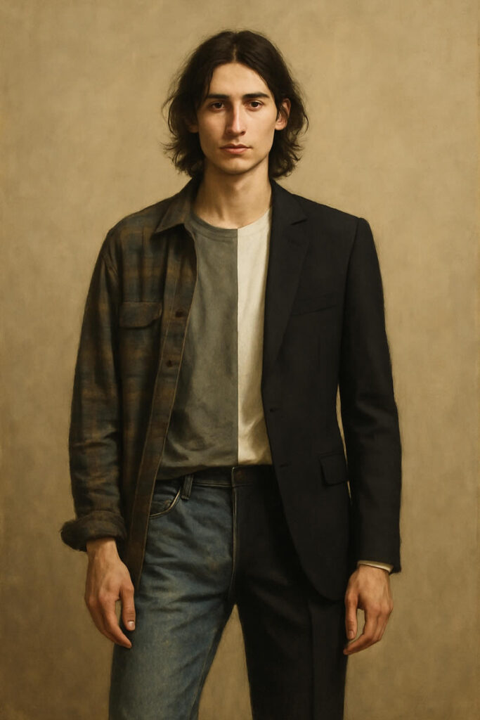 Jeune homme des années 90 portant un mélange de styles : chemise en flanelle et jeans usés d’un côté, veste noire minimaliste et pantalon sobre de l’autre, dans un portrait réaliste.
