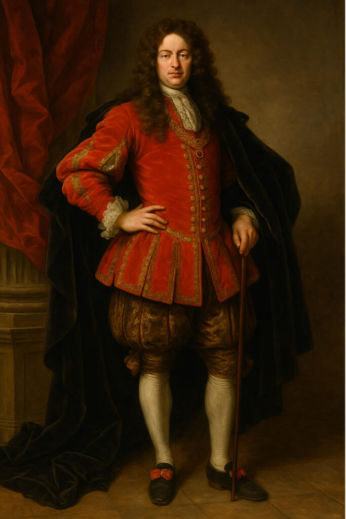 Portrait d’un aristocrate baroque en tenue luxueuse : manteau sombre, habit rouge brodé d’or, culottes bouffantes, perruque bouclée et posture noble devant un décor théâtral.