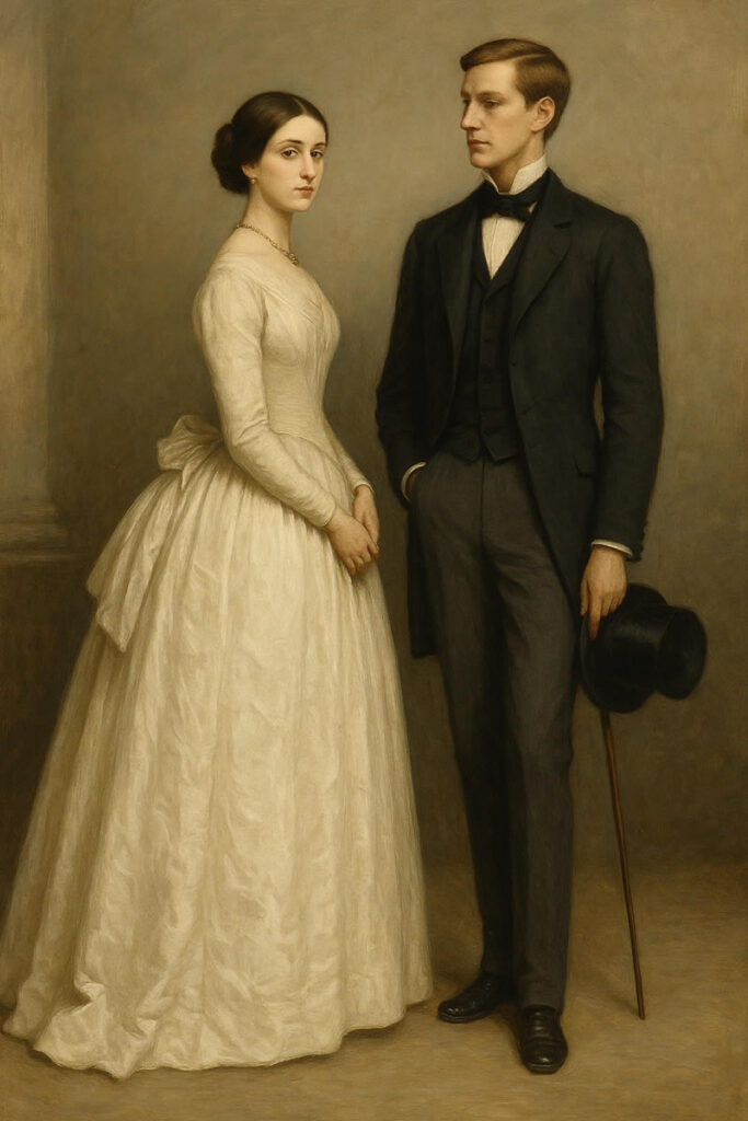 Couple du XIXᵉ siècle : une femme en robe ample à crinoline et un homme en costume sombre victorien, debout côte à côte dans un décor neutre.