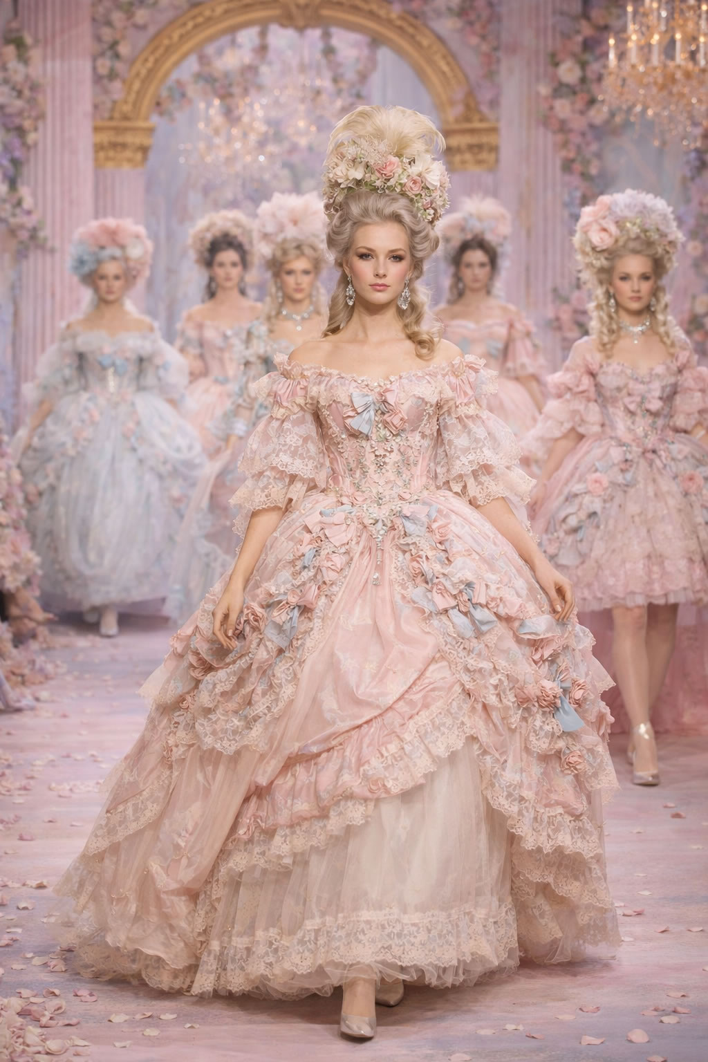 Défilé de mode moderne avec robes pastel inspirées du style rococo de Marie-Antoinette, coiffures hautes et silhouettes volumineuses