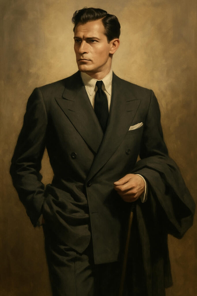 Homme des années 1930 en costume croisé sombre, posé avec assurance, veste drapée sur le bras, dans un portrait inspiré du glamour hollywoodien.