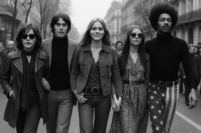 Groupe de cinq jeunes marchant dans une rue parisienne en noir et blanc, portant des vêtements symboliques des années 1960, illustrant l’esprit libertaire et l’influence de Mai 68 sur la mode.