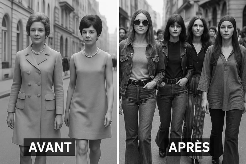 Diptyque en noir et blanc montrant à gauche deux femmes habillées de façon classique avant 1968, et à droite un groupe de jeunes femmes adoptant un style plus libre et décontracté après Mai 68.