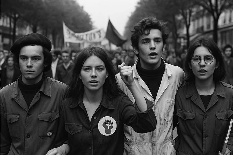 Quatre jeunes manifestants marchant lors de Mai 68, vêtus de vêtements de travail détournés tels que vestes ouvrières, bleu de travail et treillis, symbolisant l’appropriation des habits populaires par la jeunesse contestataire.