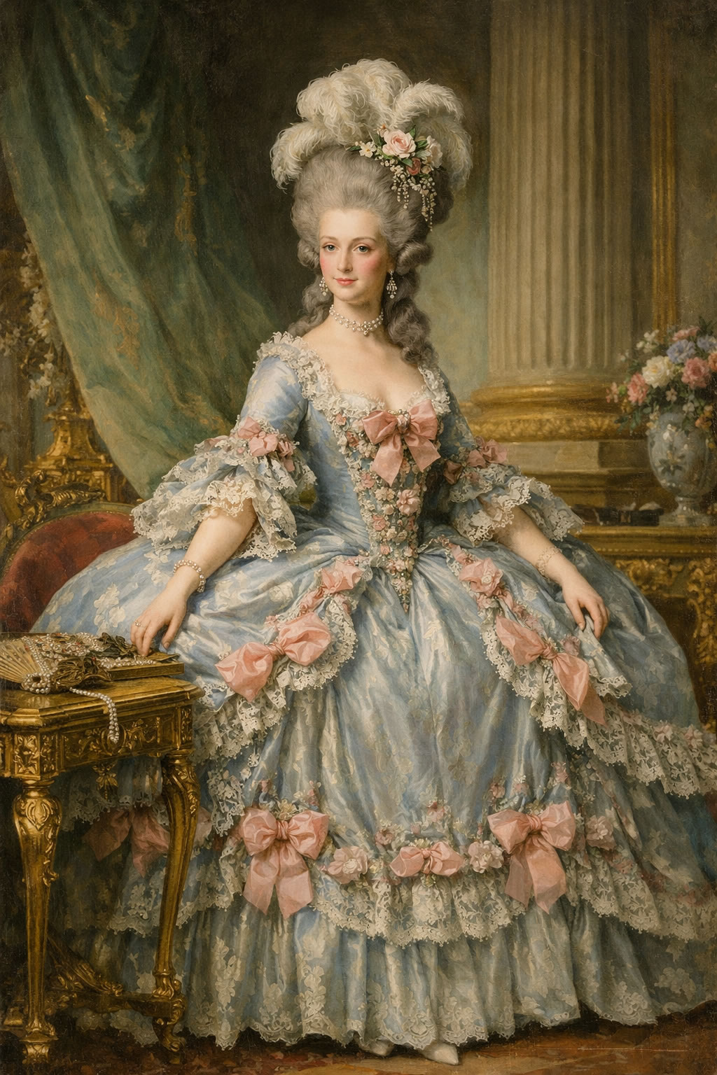Marie-Antoinette portant une robe à la française avec panier large et coiffure haute typique du XVIIIe siècle