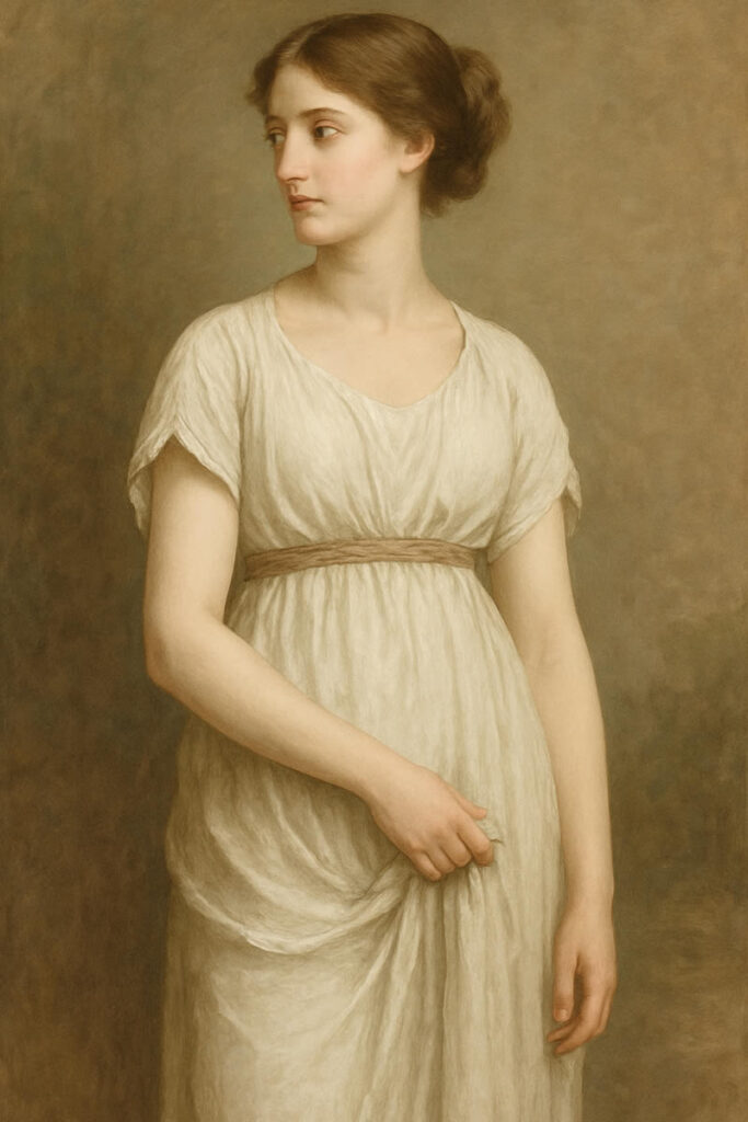 Portrait d’une femme en robe blanche néoclassique, aux lignes sobres et drapées, inspirées de l’Antiquité grecque, debout dans une pose calme sur fond neutre.