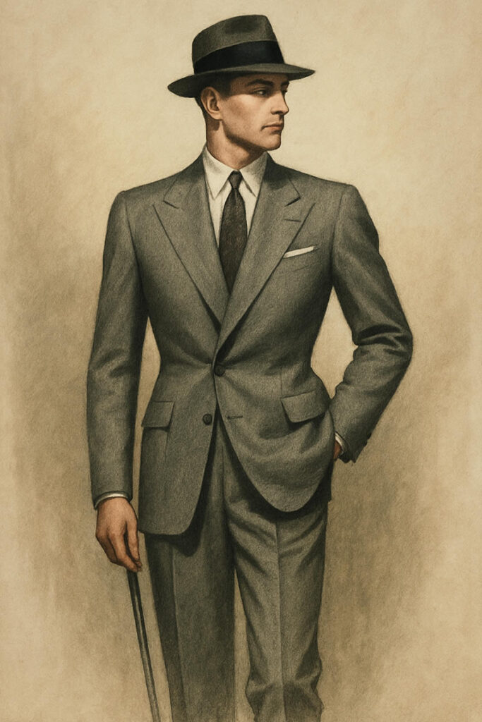 Homme des années 1947 en costume cintré gris, fedora sombre et cravate, posé avec assurance dans un portrait vintage aux lignes nettes.