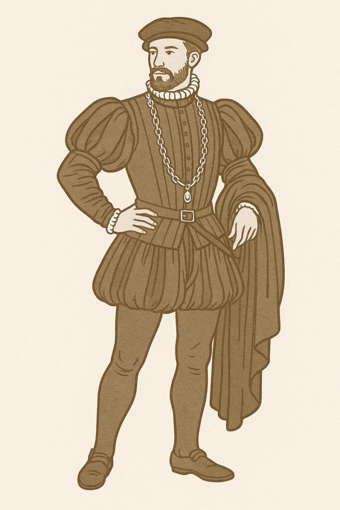 Illustration d’un homme de la Renaissance en tenue aristocratique, portant un pourpoint à manches bouffantes, un large collier doré, des chausses volumineuses et un béret, debout dans une pose noble.