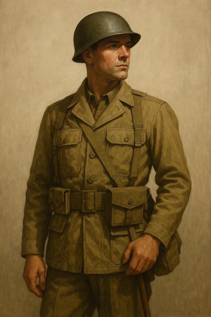 Soldat de la Seconde Guerre mondiale en uniforme utilitaire kaki, casque d’acier et équipement fonctionnel, dans un portrait réaliste sur fond neutre.