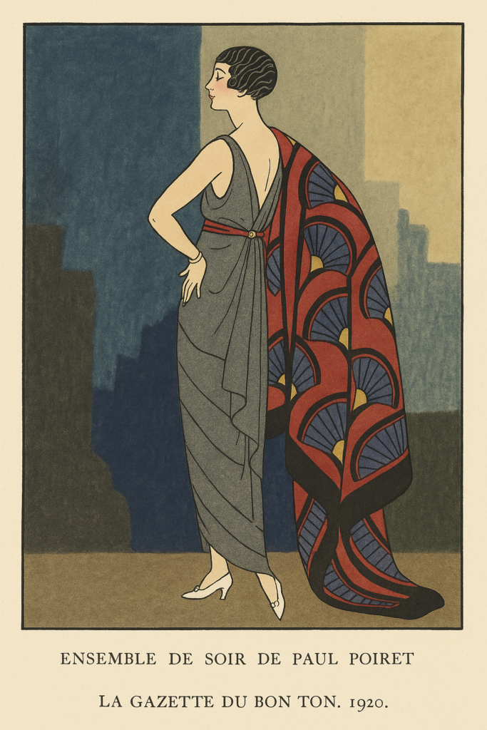 Illustration Art déco publiée dans La Gazette du bon ton représentant une robe du soir de Paul Poiret, vers 1920