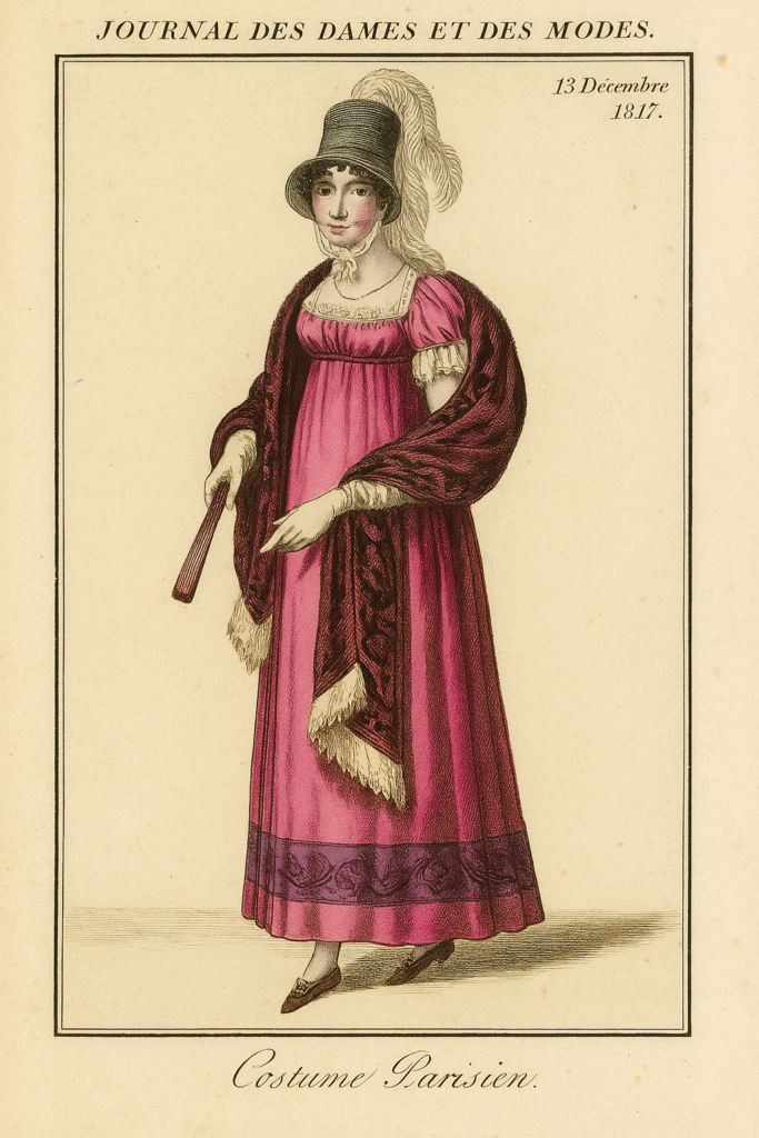 Planche illustrée du Journal des dames et des modes représentant un costume parisien féminin en 1817