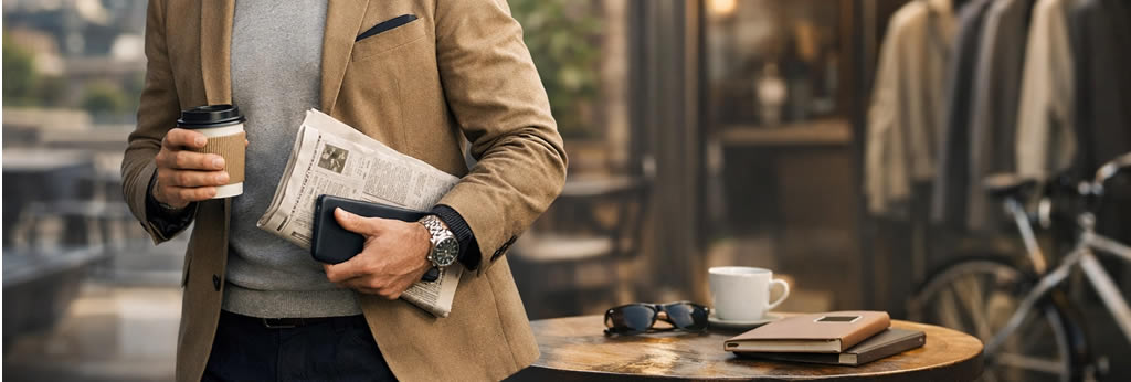 Homme élégant de 40 ans portant une tenue masculine moderne, illustrant le style contemporain et l’air du temps